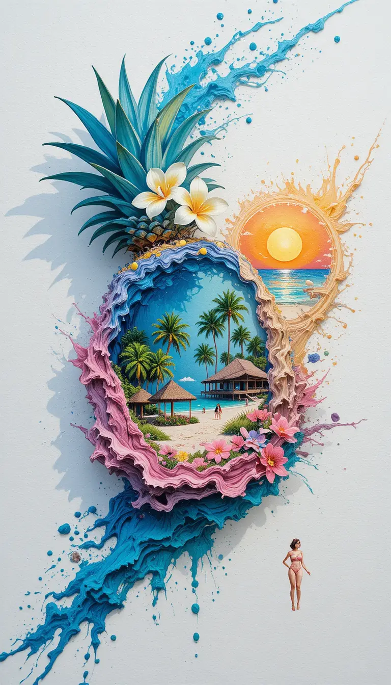 Ananas surreale con microcosmo tropicale su carta da acquerello