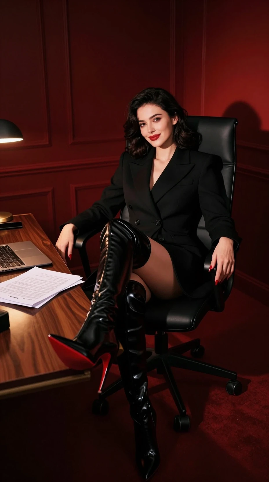 Mujer elegante con abrigo negro y botas en escritorio de oficina
