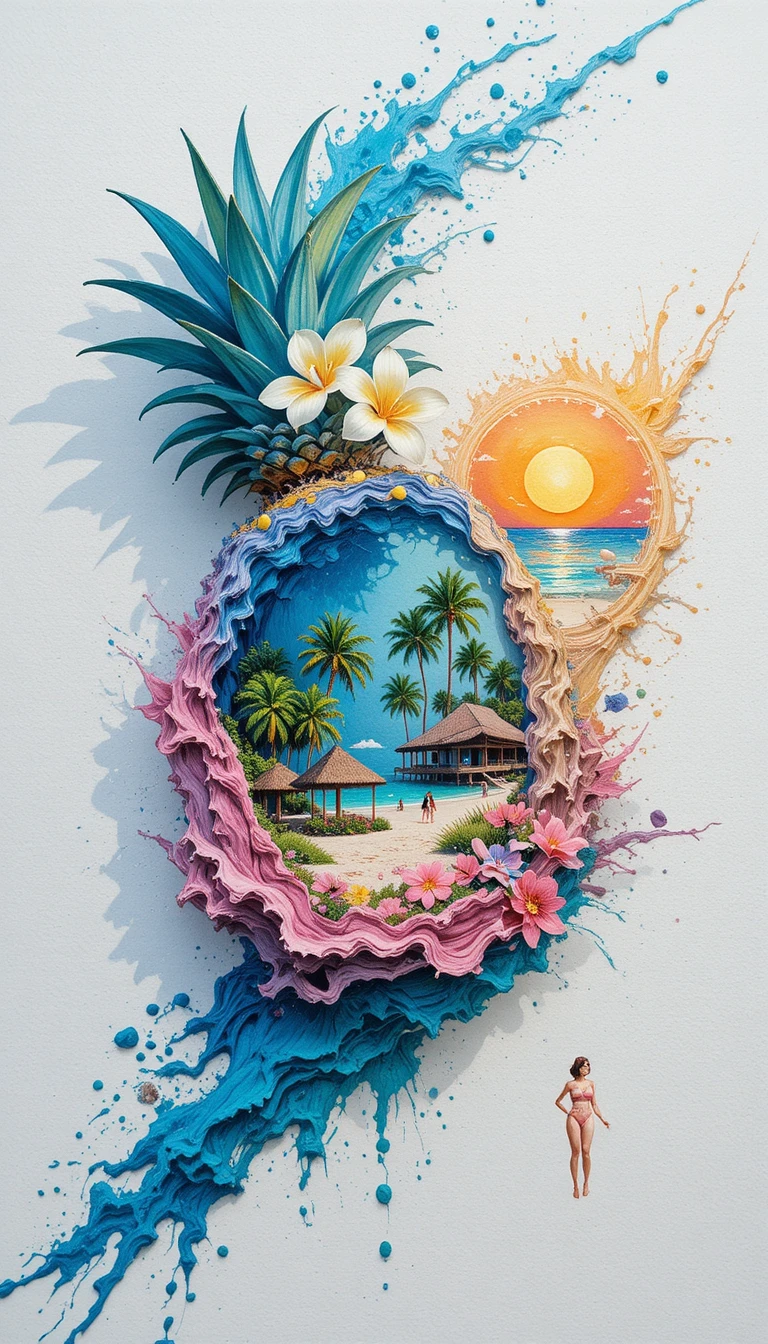Piña surrealista con microcosmos tropical sobre papel de acuarela