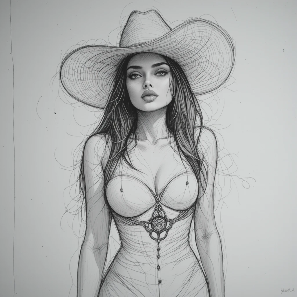 Cowgirl en portrait détaillé au crayon noir et blanc