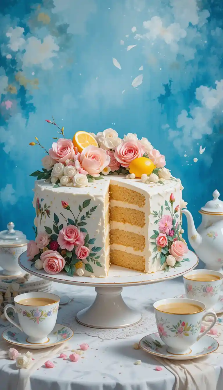 Bizcocho elegante con glaseado floral sobre mesa blanca