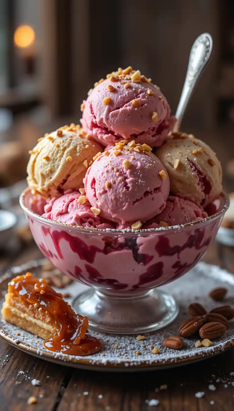 Primer plano de cuenco de postre con helado, frutos secos y dulces