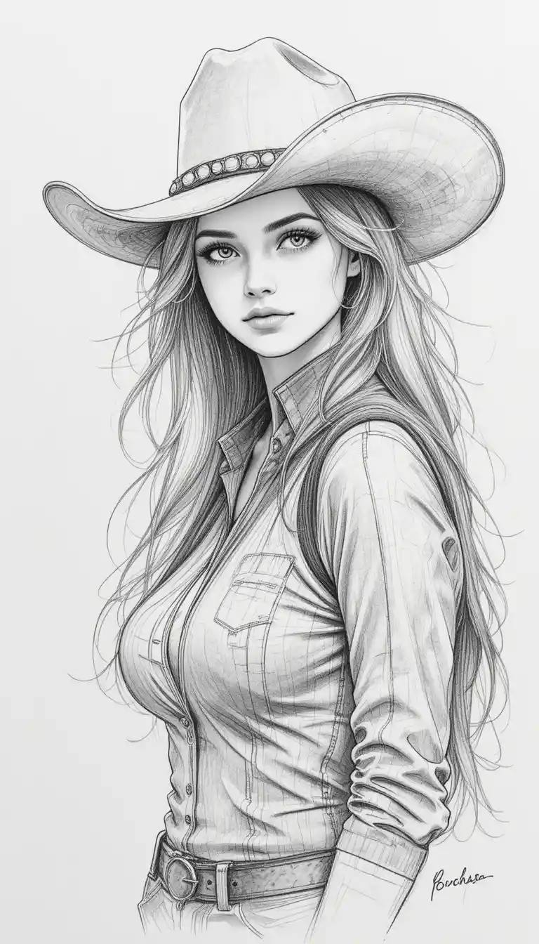 Cowgirl rendered as a soft watercolor pencil sketch