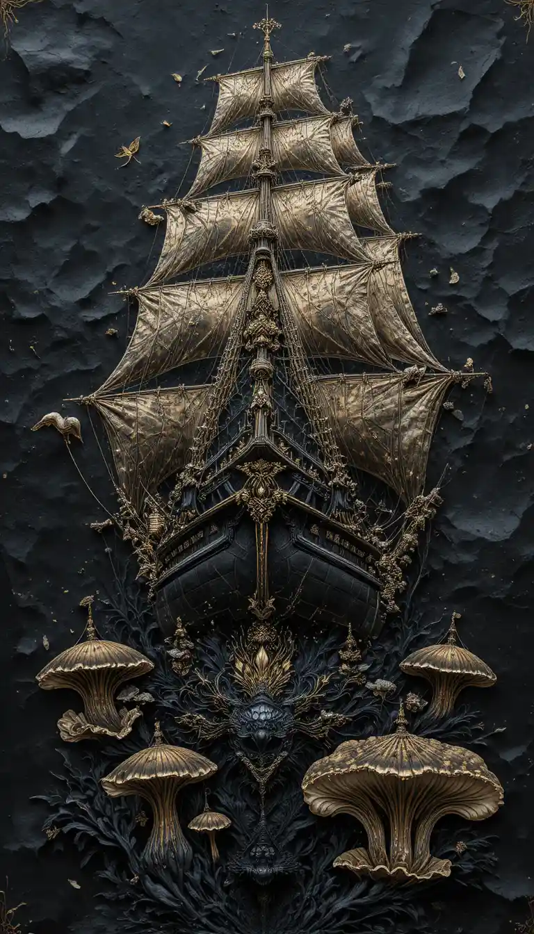 Dibujo en grafito en primer plano de un barco de vela negro