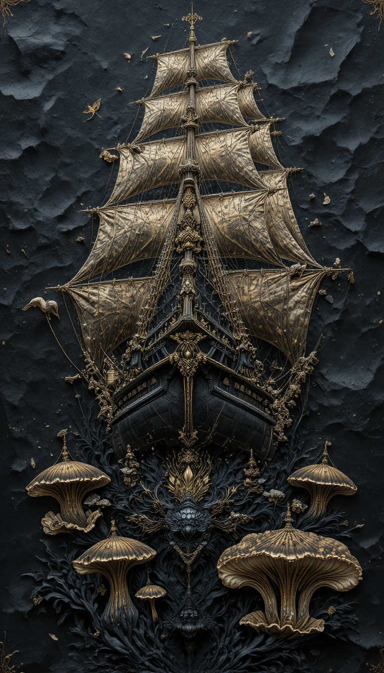 Dibujo en grafito en primer plano de un barco de vela negro