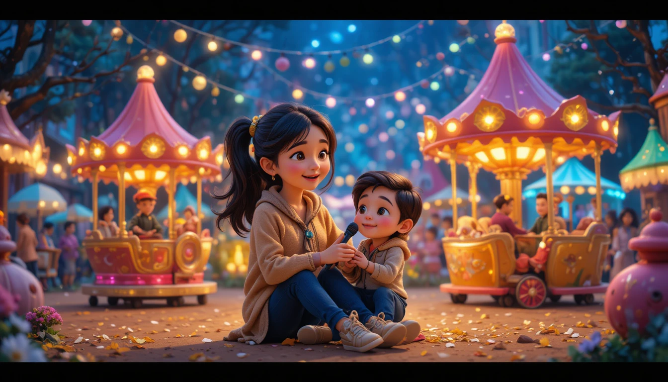 Madre e hijo jugando en una acogedora feria nocturna