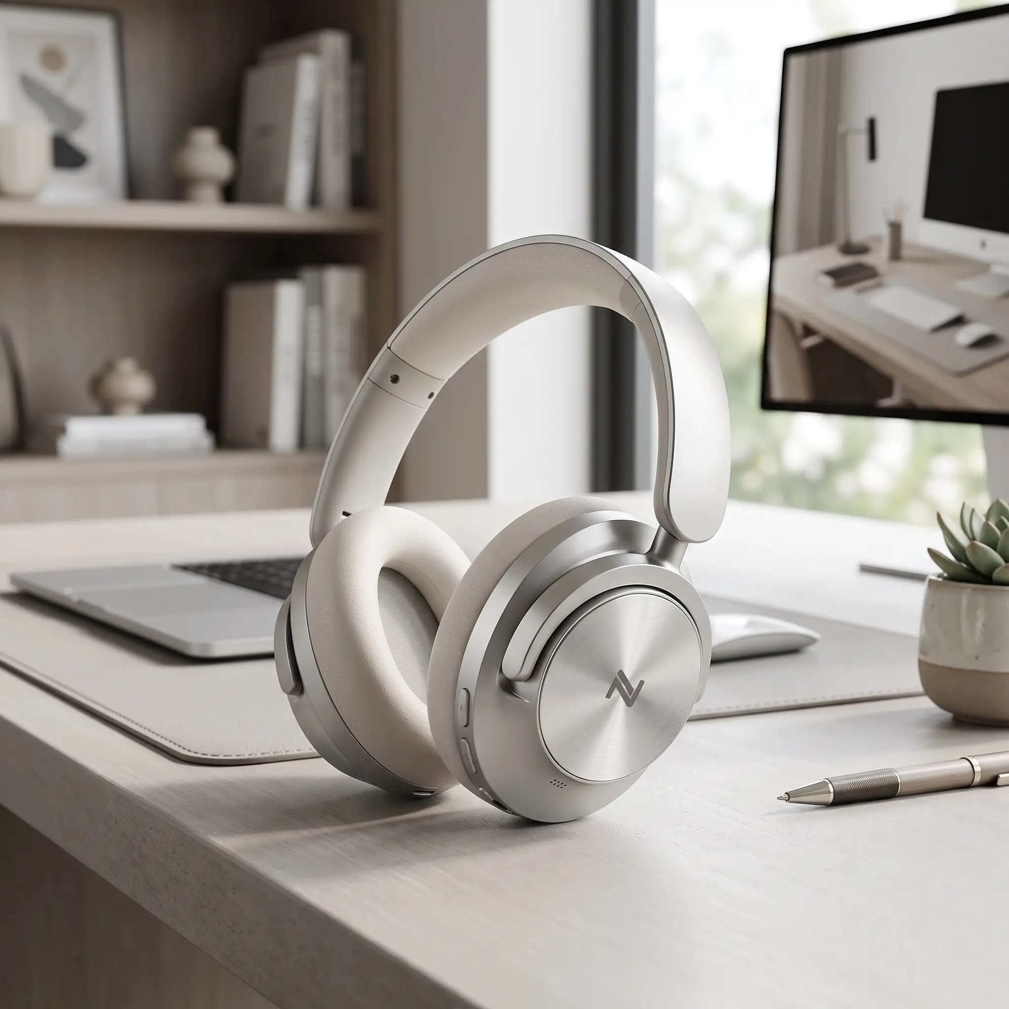 Dispositivo elettronico moderno su una scrivania minimalista e scura in un home office