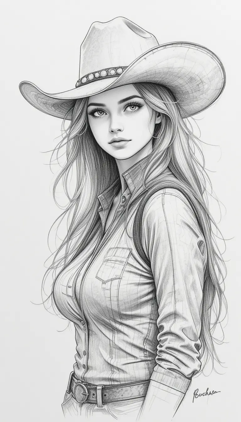 Cowgirl rendered as a soft watercolor pencil sketch