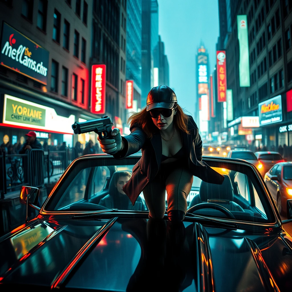 Detective duro apuntando una pistola en callejón cyberpunk de neón