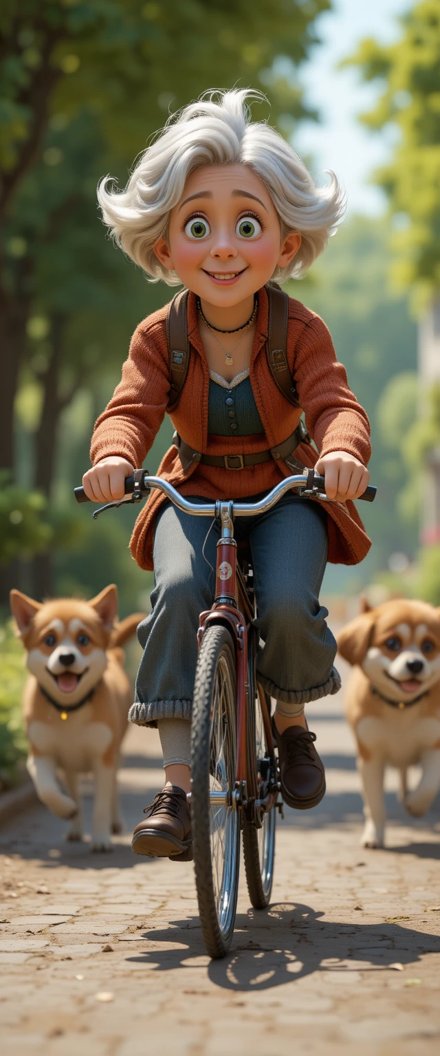 ピクサー風のシスターが自転車で走り、遊び好きな犬たちに追いかけられている