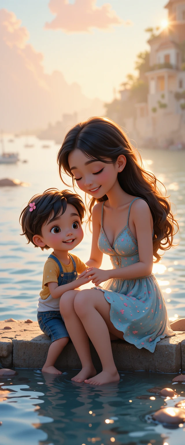 Madre e hijo jugando con agua en ilustración 3D suave