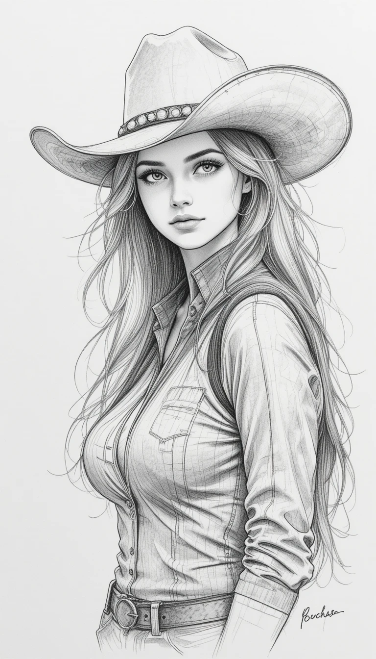 Cowgirl rendered as a soft watercolor pencil sketch