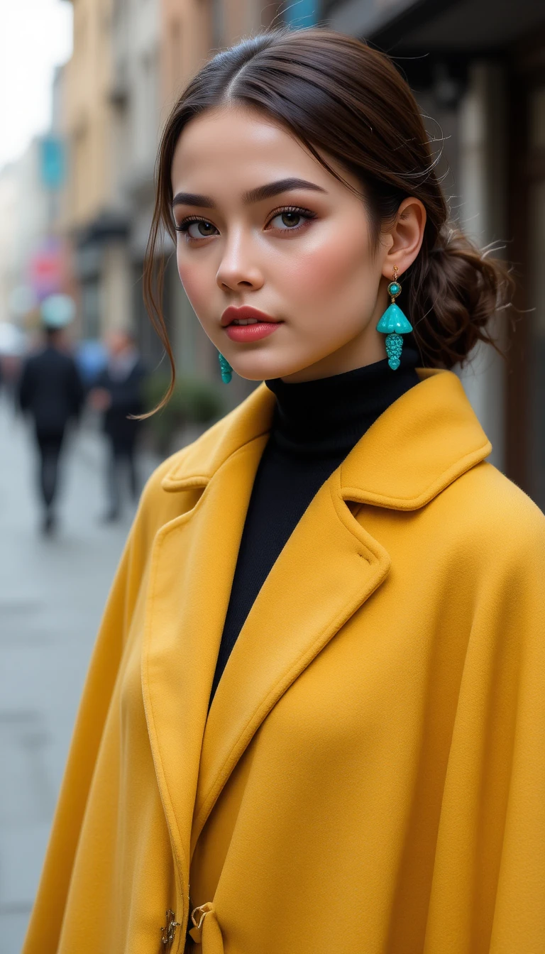 Mujer de moda urbana con capa mostaza y pendientes turquesa