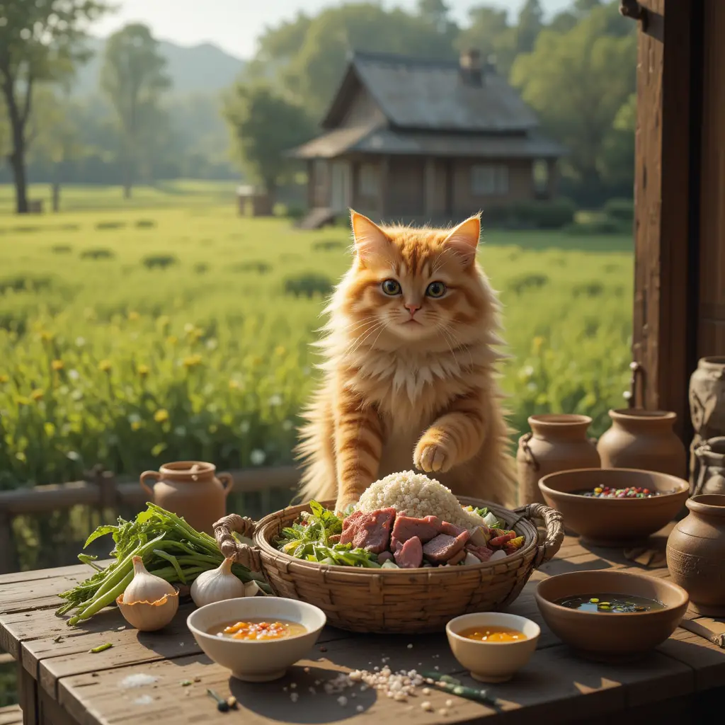 Cheerful Cat Cooking Beside A Stove In Mustard Fields