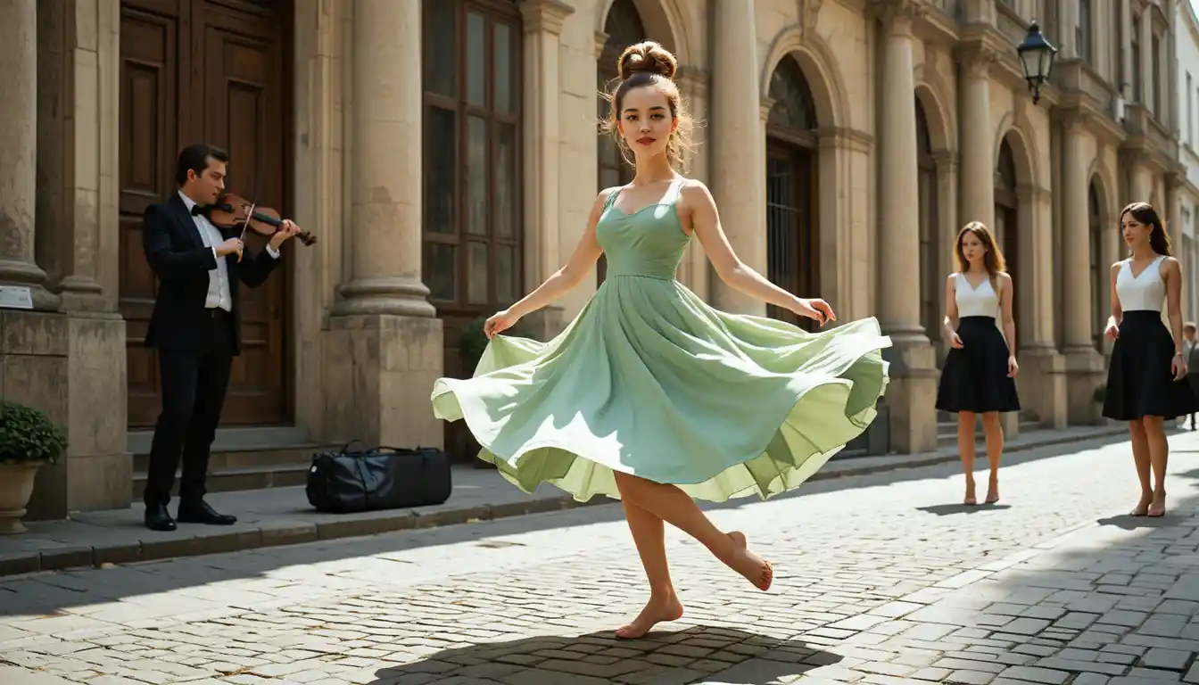 Joven mujer girando con un vestido verde en una calle empedrada