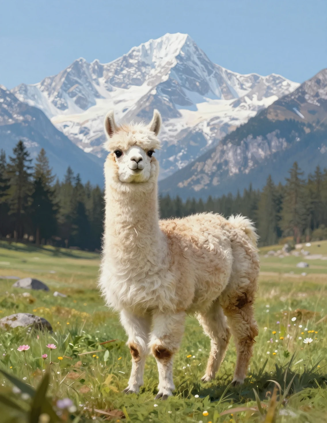 Llama tierna en un prado de inicios de primavera con montañas heladas