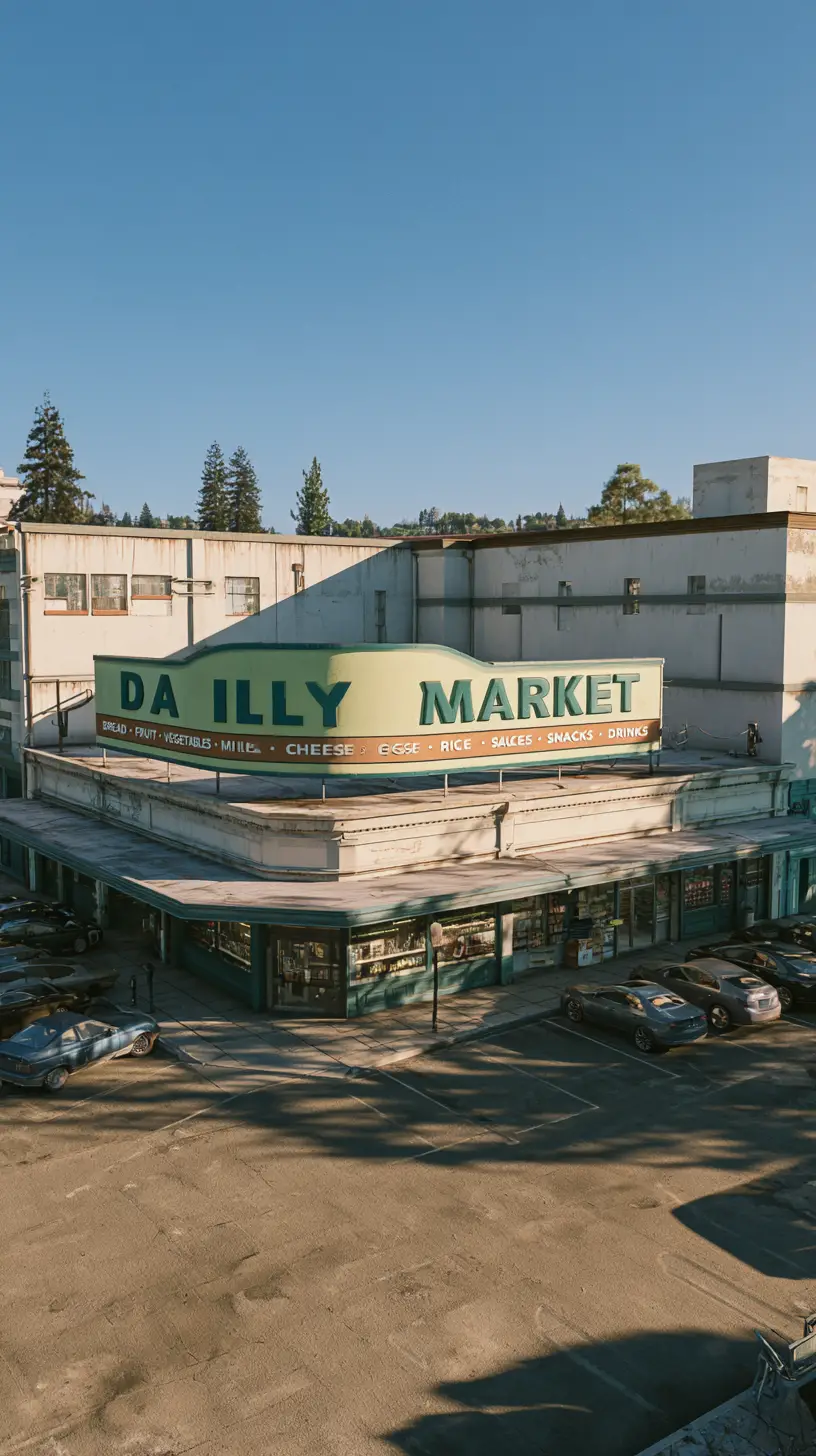 Corner neighborhood grocery store under bright midday sunlight