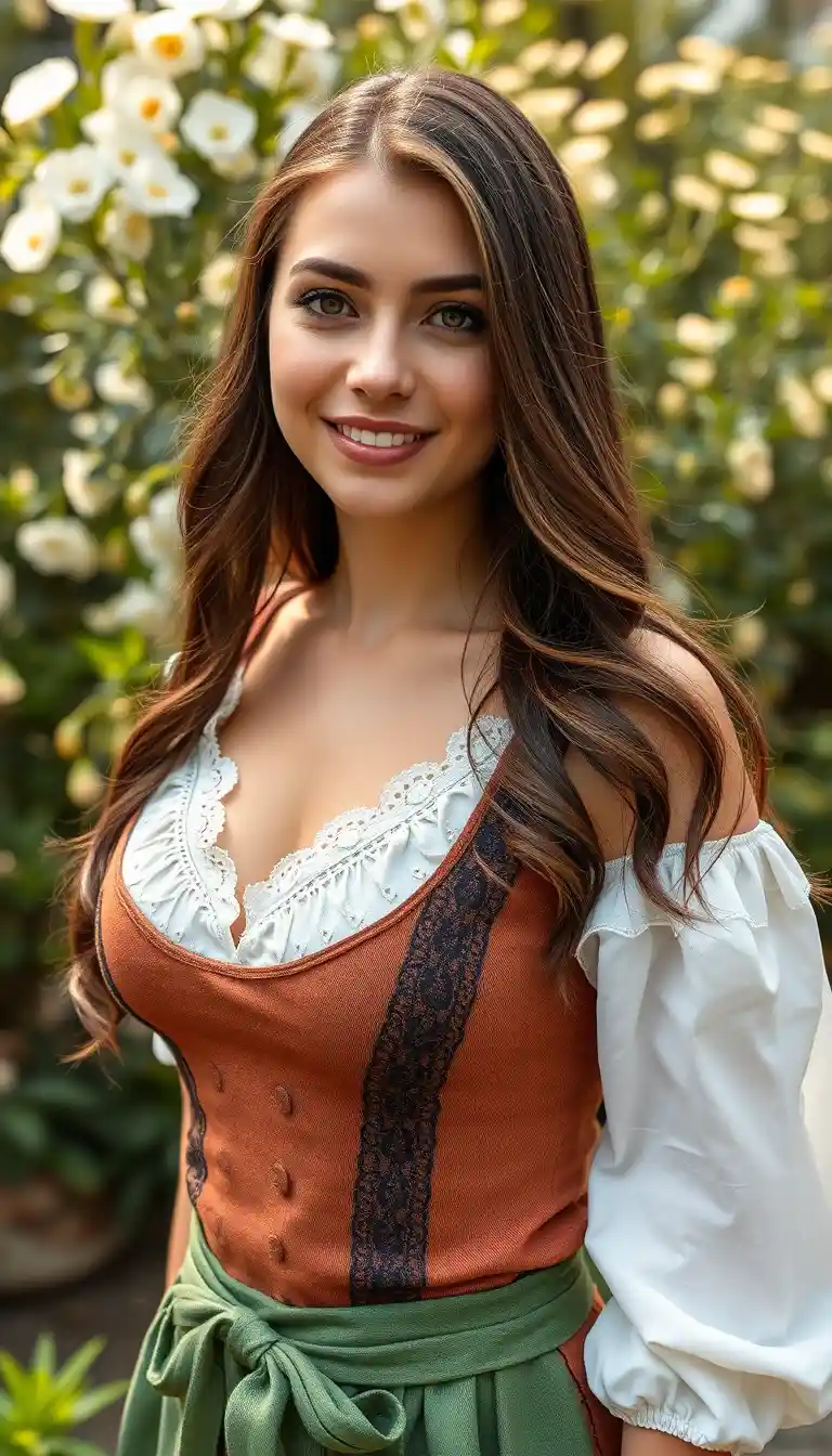 Verführerische junge Frau im Dirndl im botanischen Garten