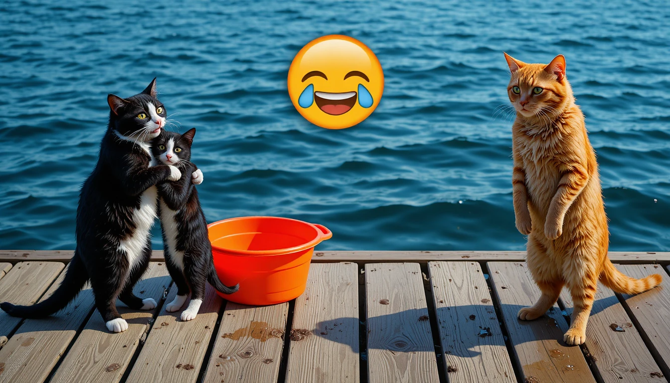 Gatos juguetones en un muelle de madera con un gato atigrado naranja empapado