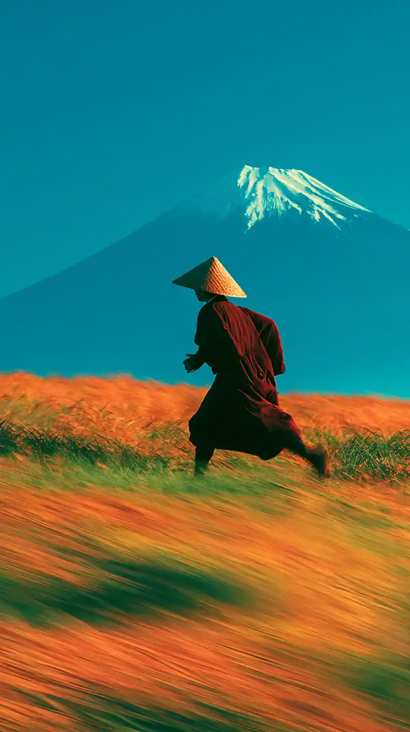 Japanese monk running through grass with Mount Fuji behind