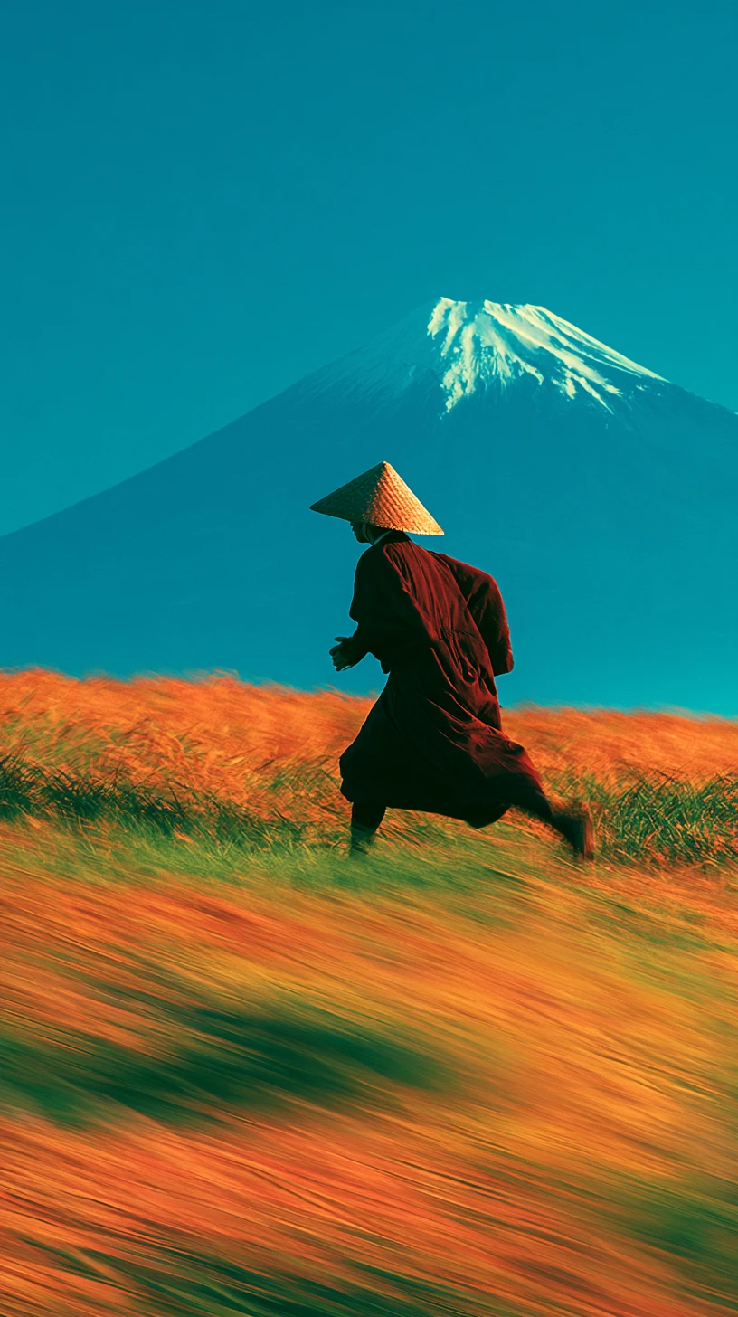 Monje japonés corriendo entre la hierba con el monte Fuji detrás