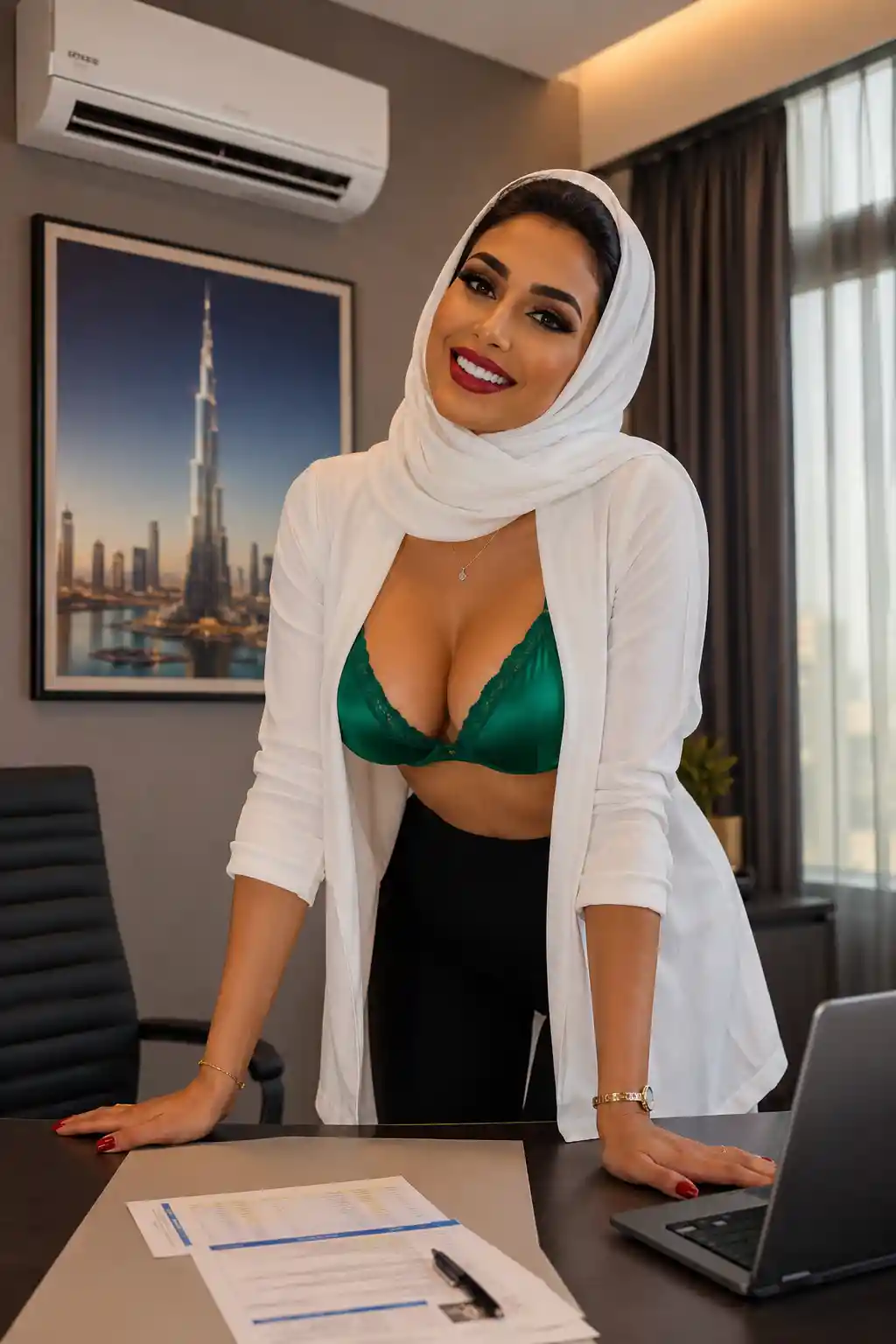 Arab woman in white scarf leaning over office desk