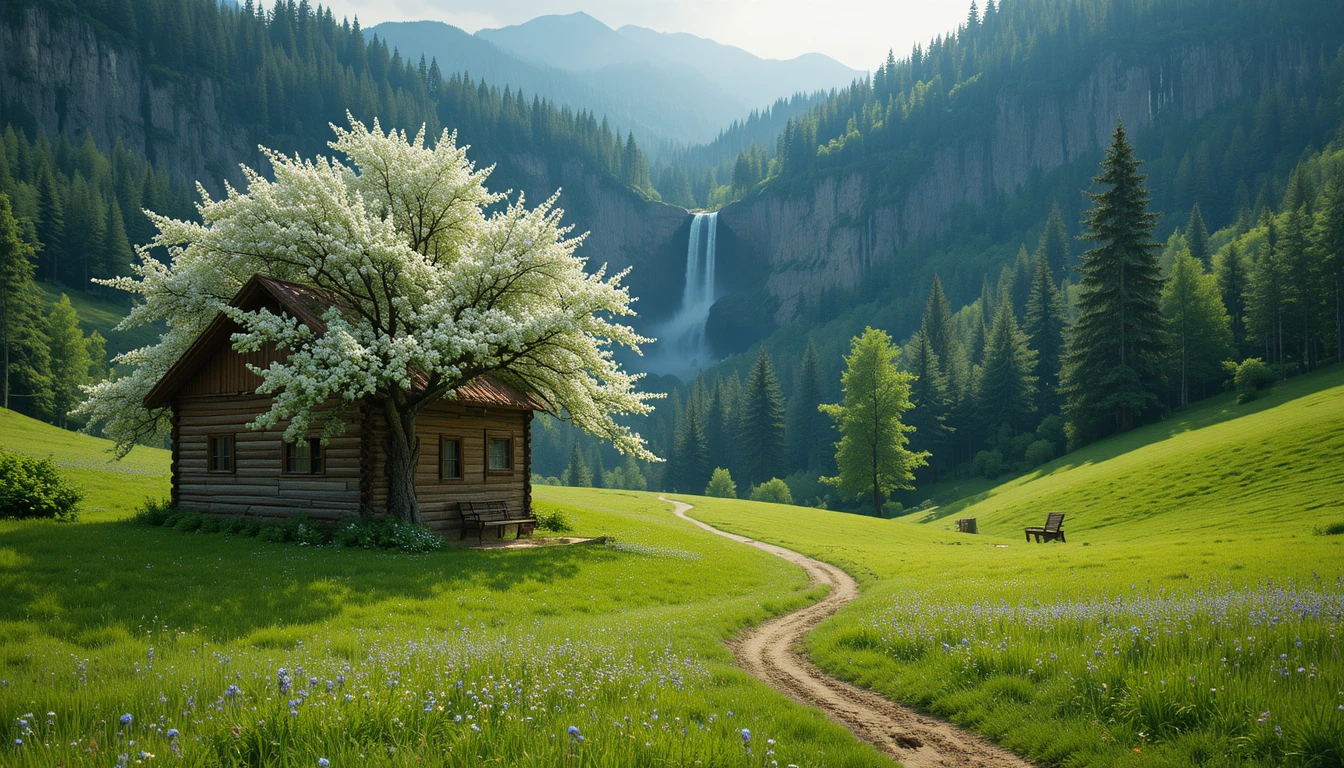 Cabina di legno su collina verde con albero in fiore e panchina