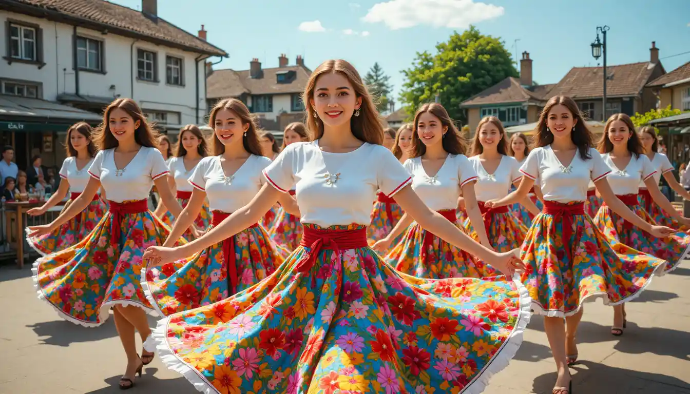Young women in floral skirts performing outdoor folk dance