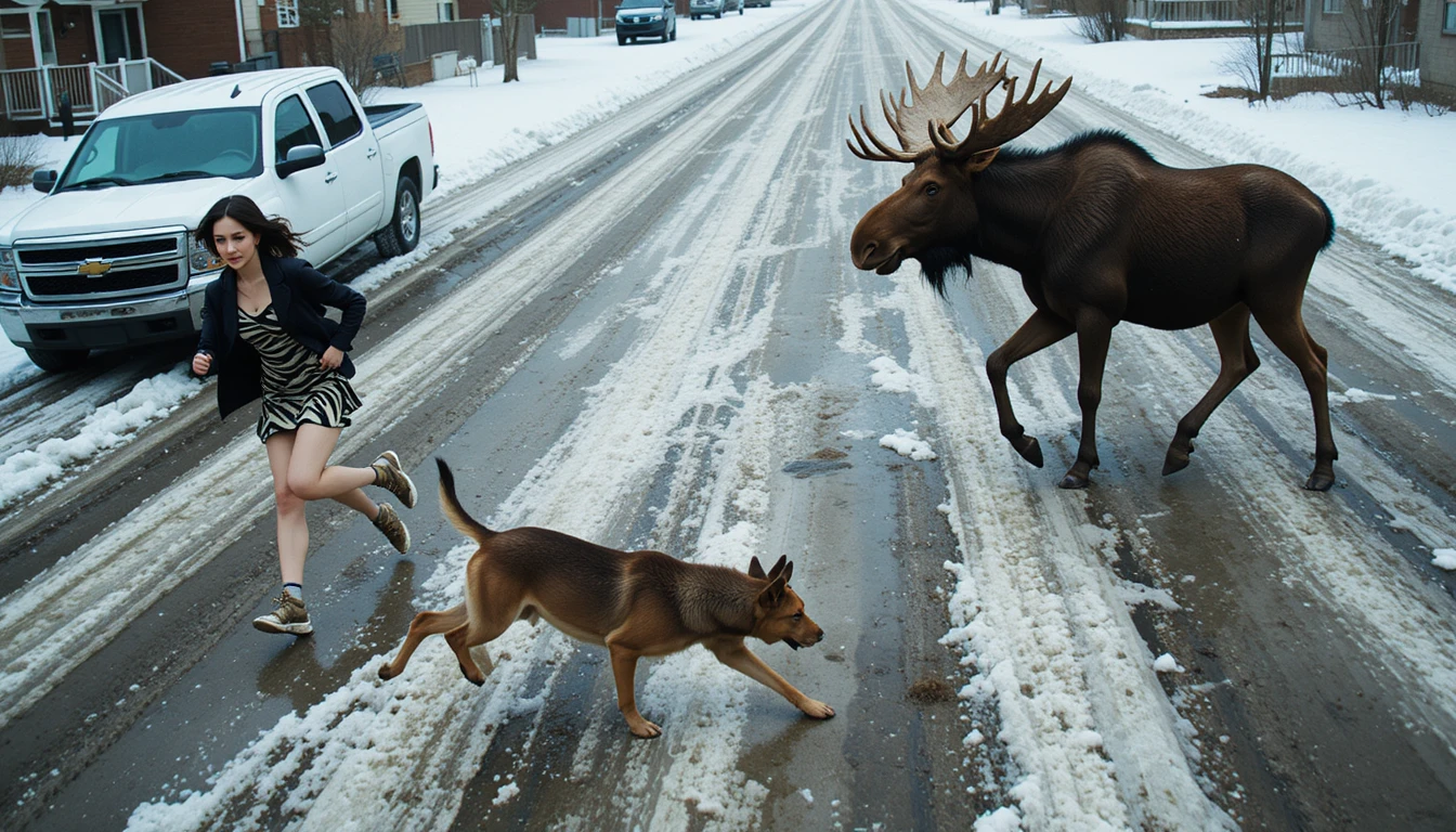 Alce, mujer y perro corren a toda velocidad por una calle suburbana nevada