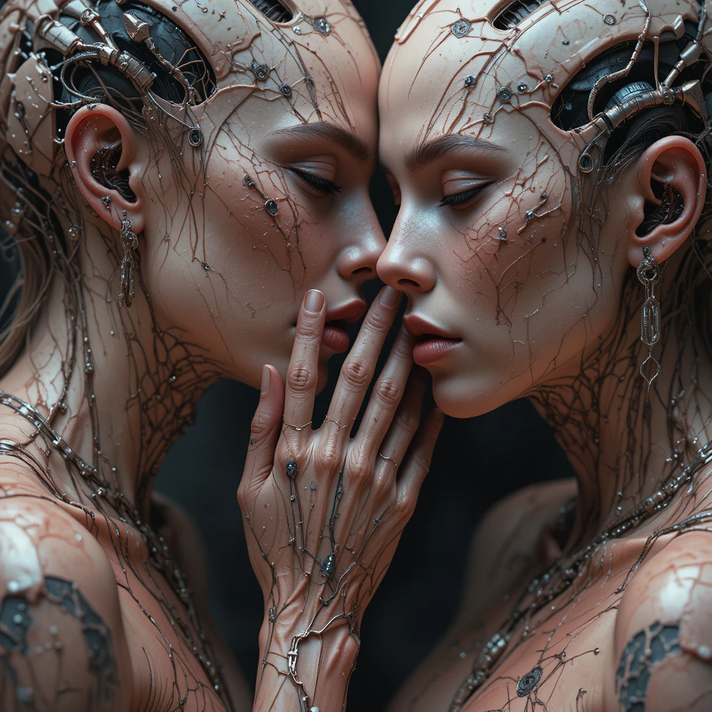 Mujeres biomecánicas surreales que comparten un secreto susurrado