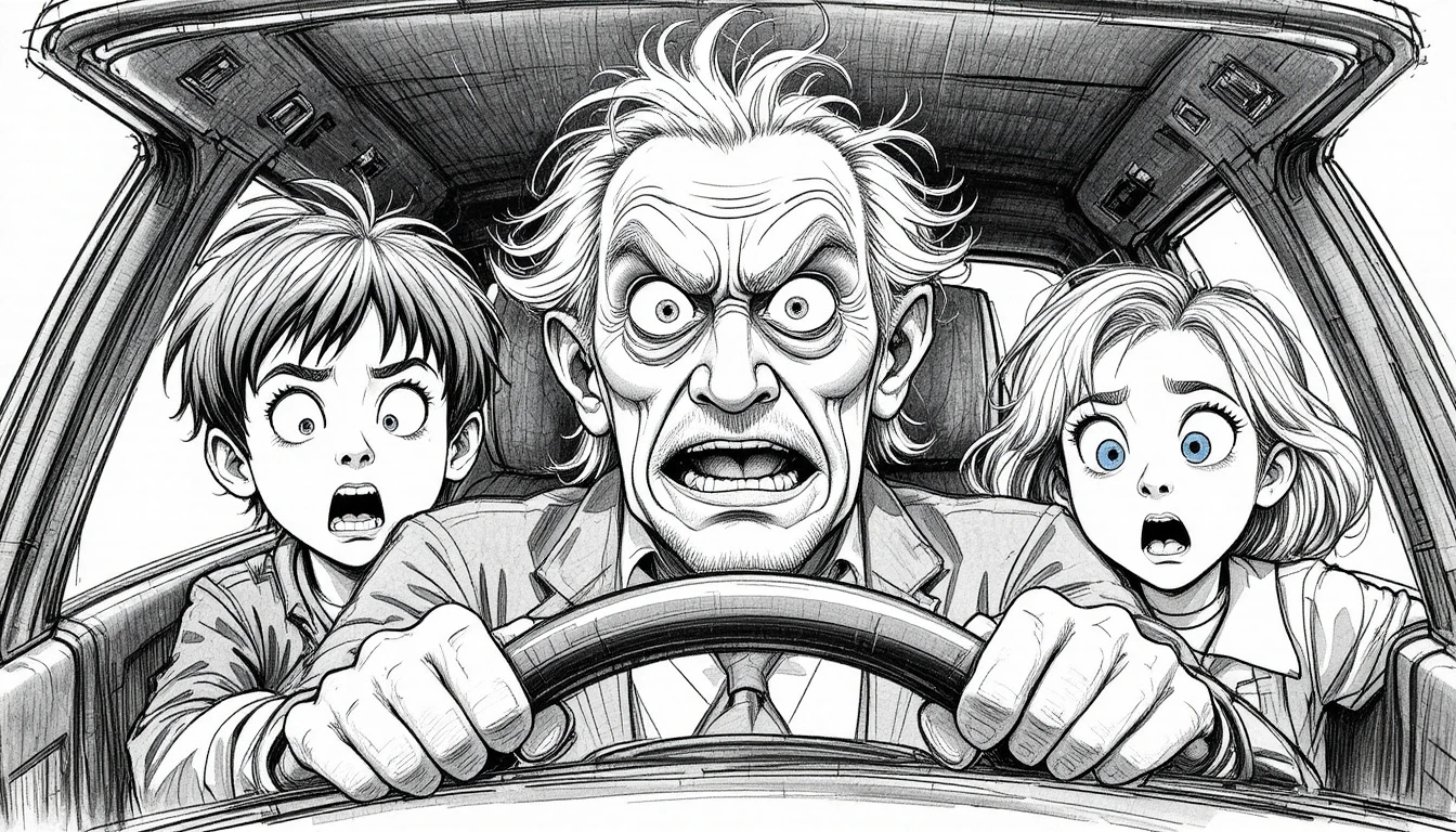 Conductor anciano en pánico con dos niños aterrados