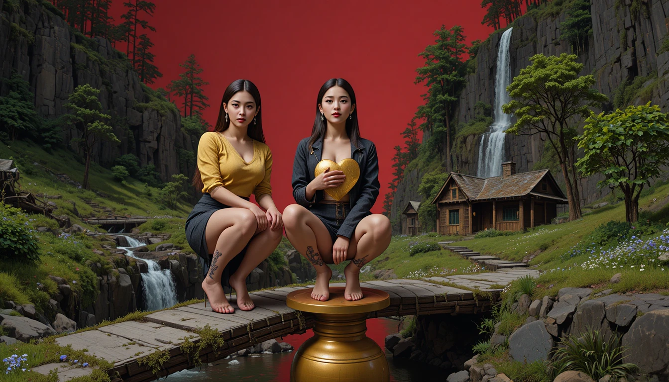 Tres mujeres en un puente de madera sobre una cascada en el bosque