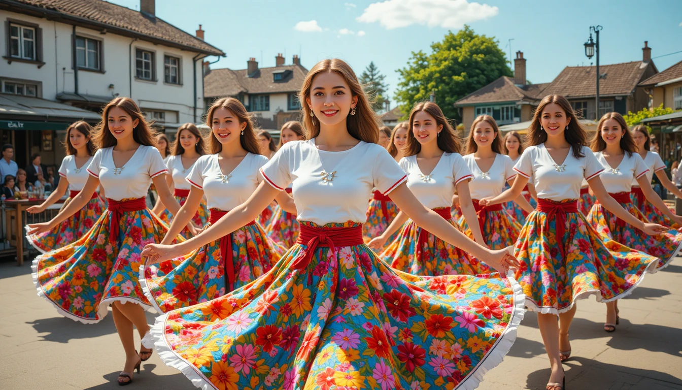 Jóvenes con faldas florales bailando danza folclórica al aire libre