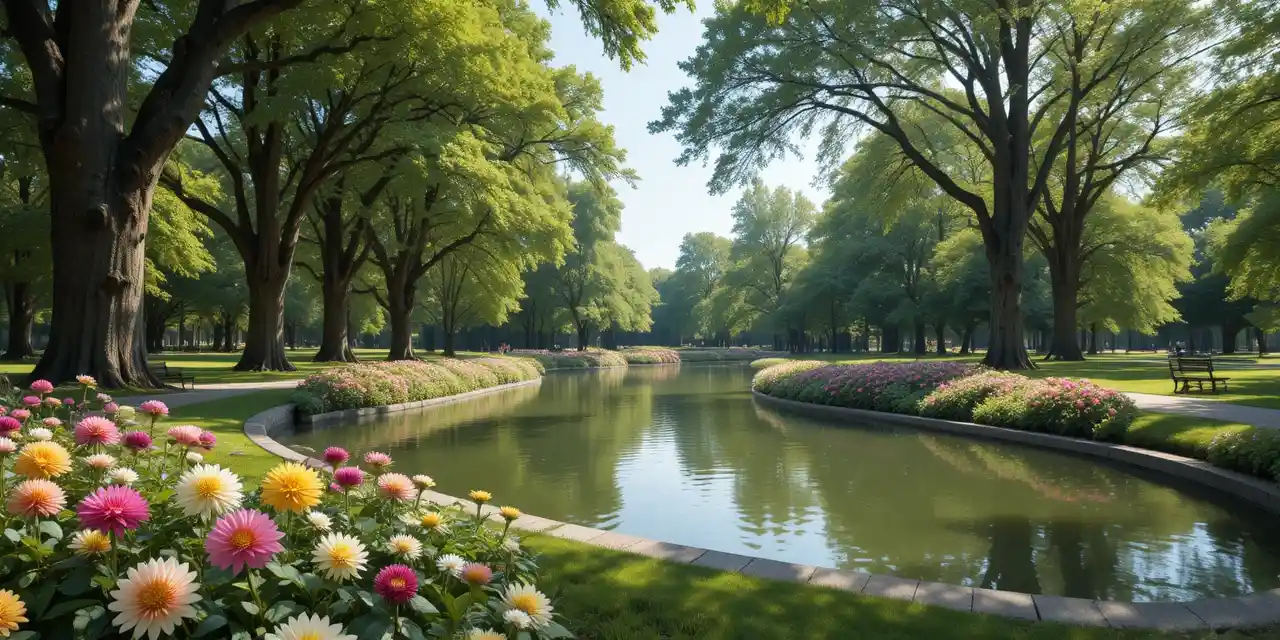 池と木々、色とりどりの花壇がある静かな公園