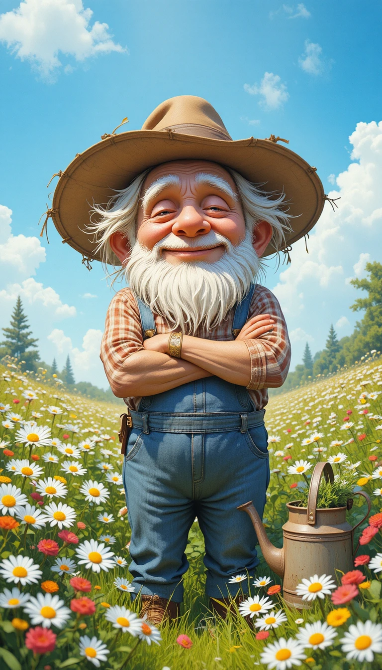 Anciano granjero barbudo descansando en un prado florido y soleado
