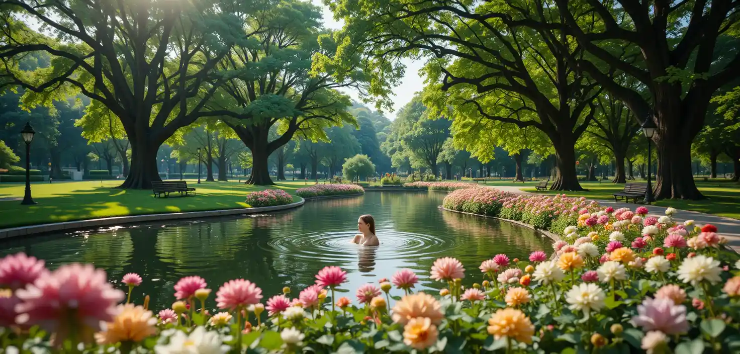 ダリアと弧を描く緑の木々に囲まれた日だまりの公園の池