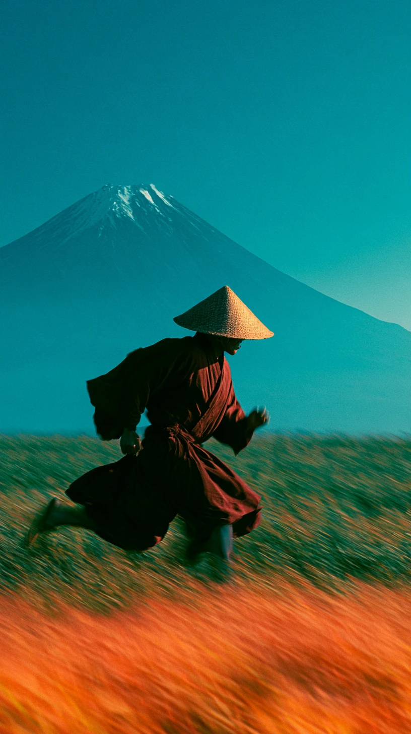 Monje japonés corriendo entre la hierba frente al monte Fuji