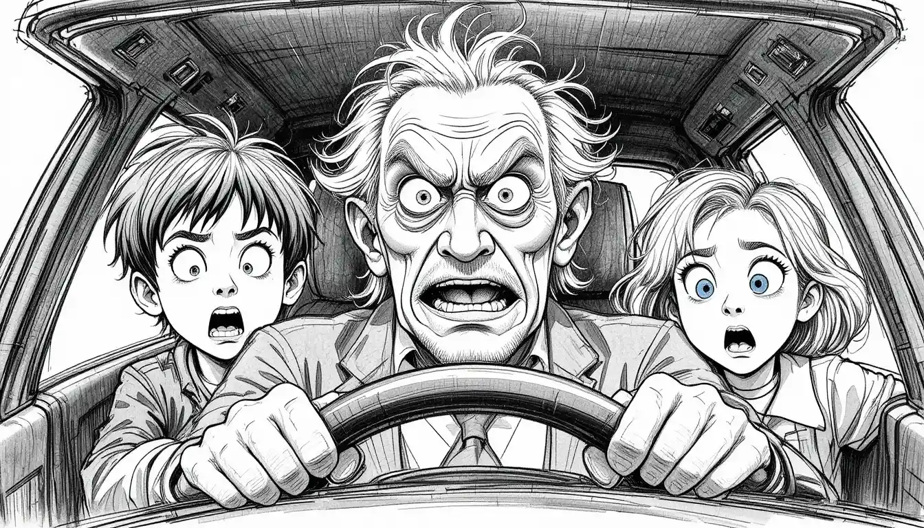 Conductor anciano en pánico con dos niños aterrados