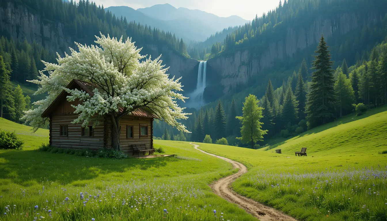 Wooden cabin on green hill with blossoming tree and bench