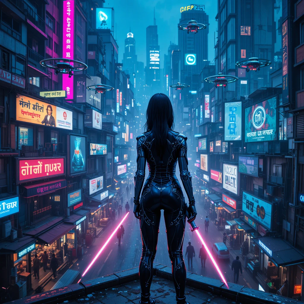 Megaciudad india cyberpunk con guerrera cibernética