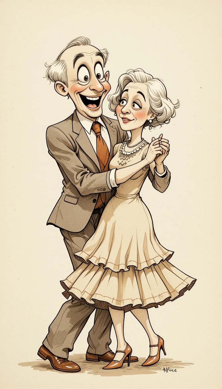 Pareja de ancianos bailando en ilustración de dibujo animado vintage