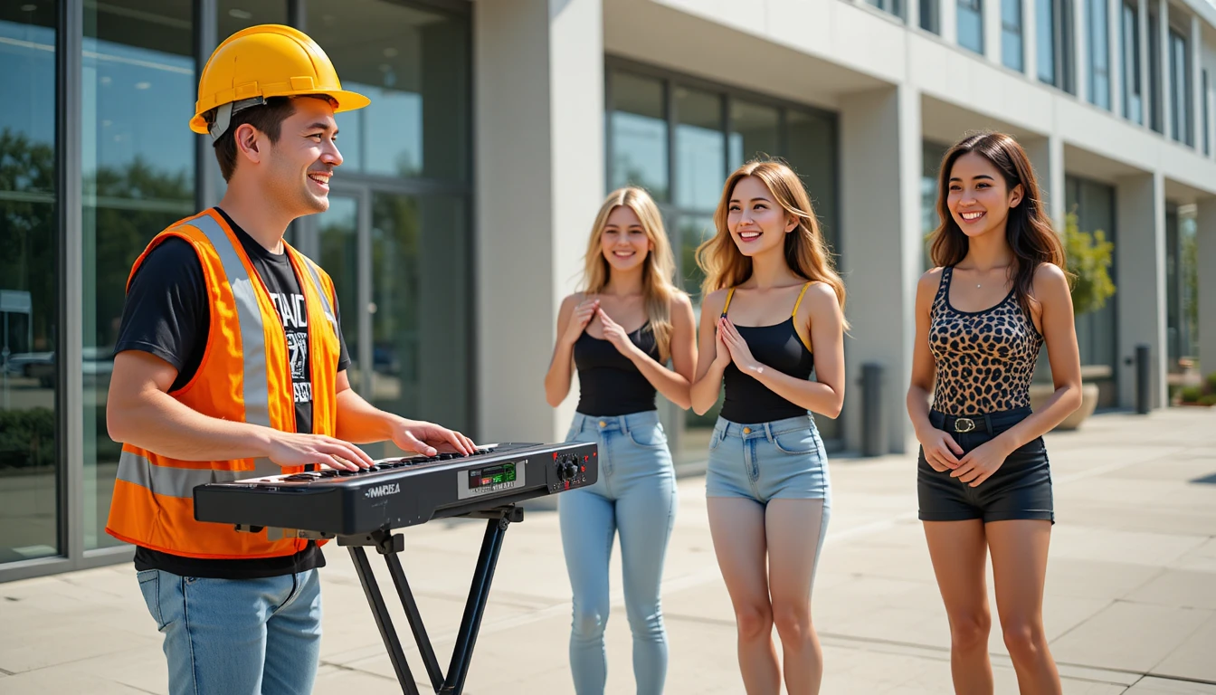 Obrero de construcción tocando el teclado para tres mujeres sonrientes