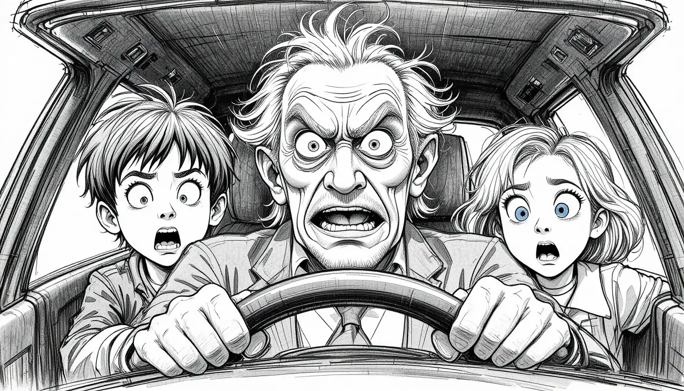 Conductor anciano en pánico con dos niños aterrados
