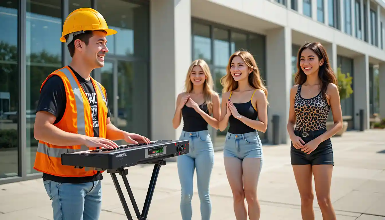 Obrero de construcción tocando el teclado para tres mujeres sonrientes