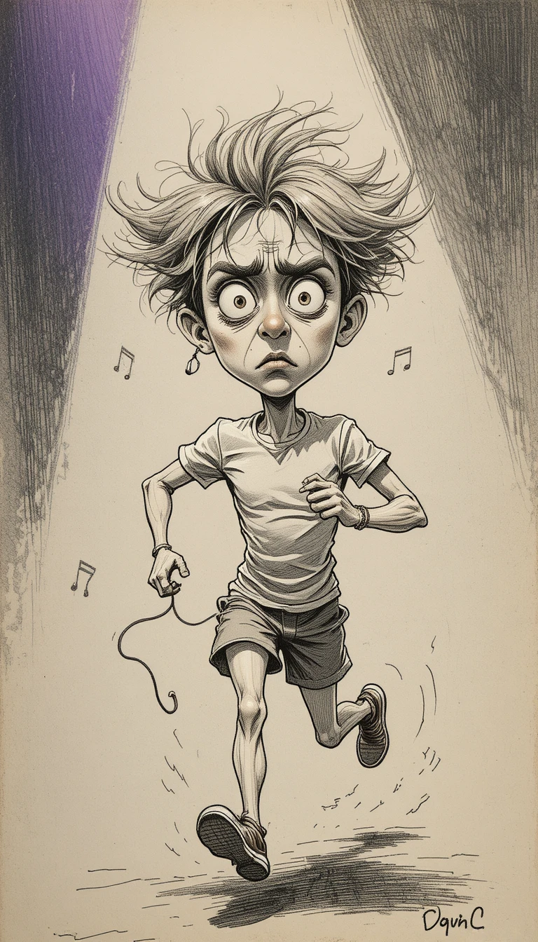 Jeune coureur anxieux en illustration au crayon