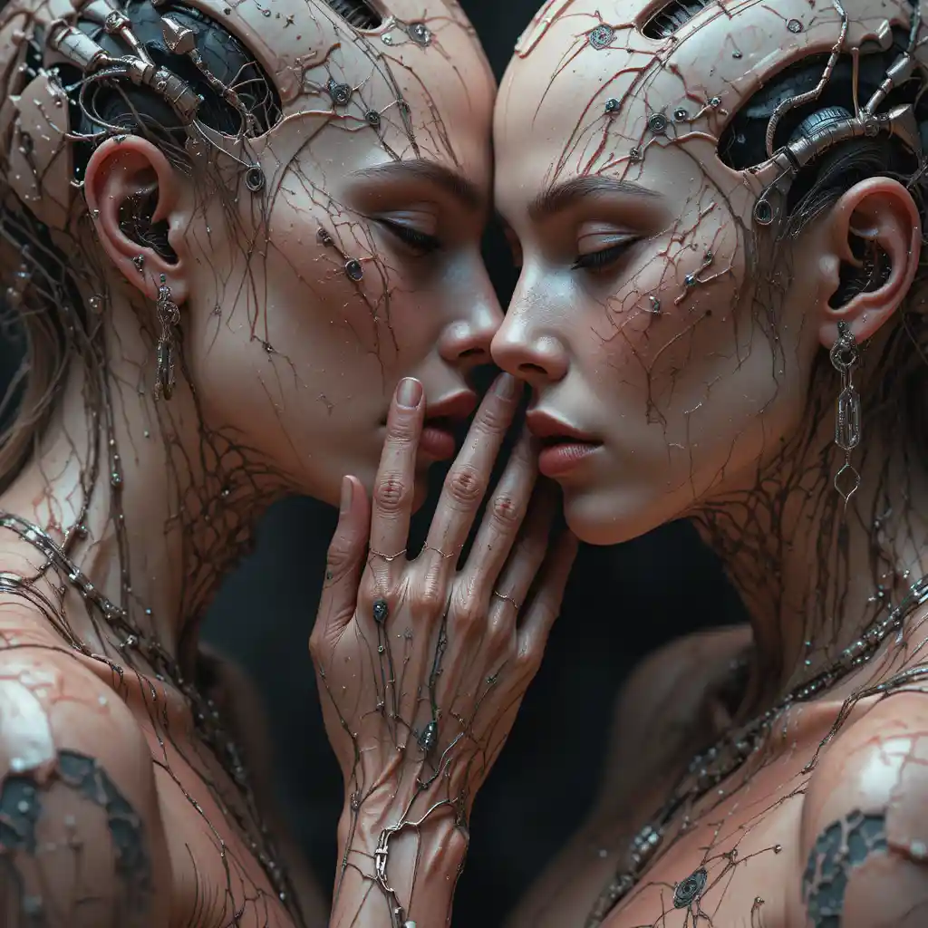 Mujeres biomecánicas surreales que comparten un secreto susurrado