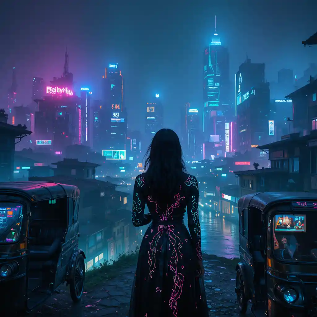 Neon cyberpunk woman overlooking a misty futuristic city