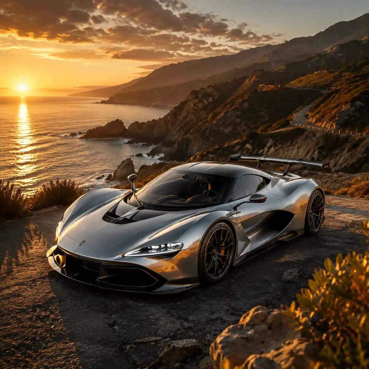 Hipercoche plateado en un dramático acantilado frente al mar al atardecer