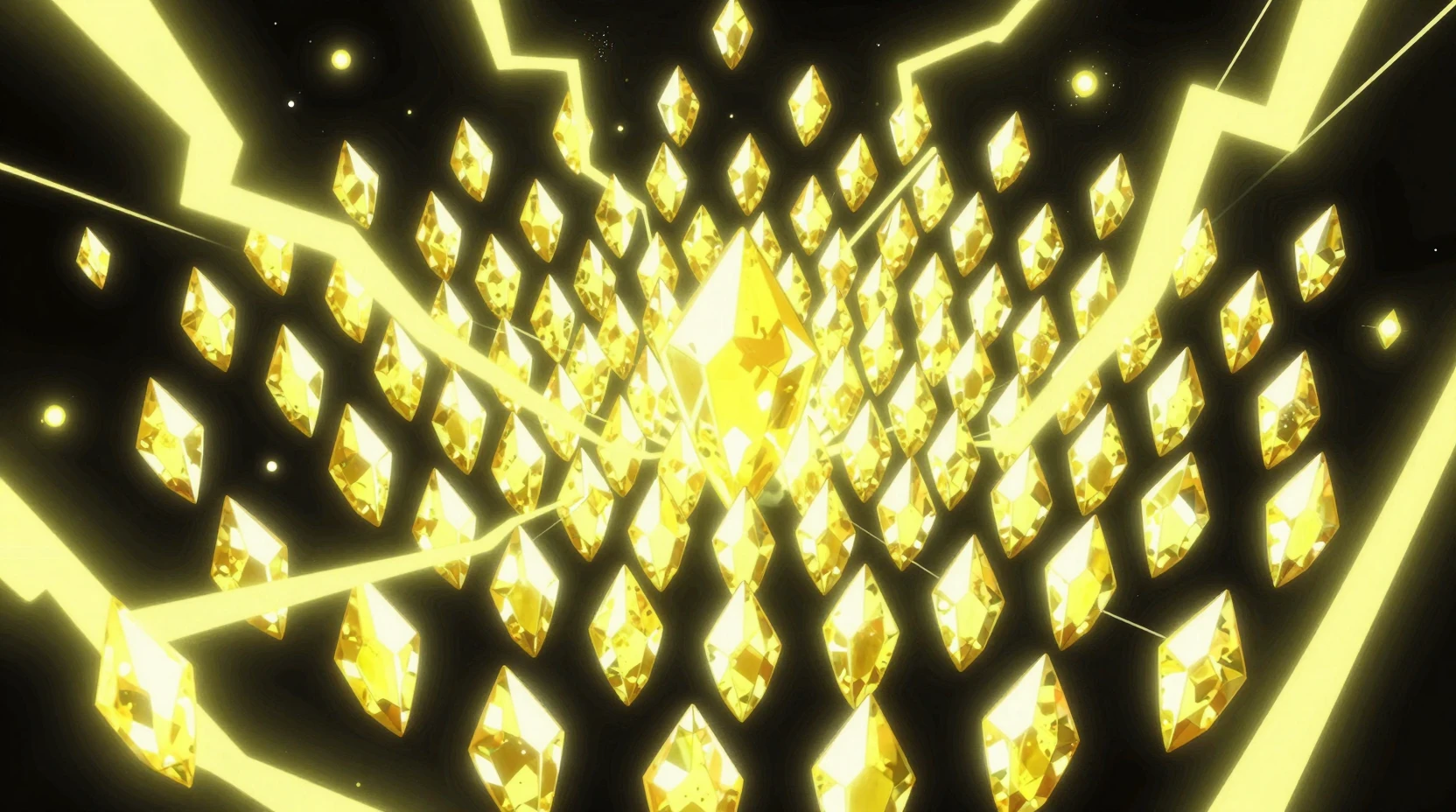 Reino espiritual neón estilo caricatura con fragmentos de cristal amarillo brillante