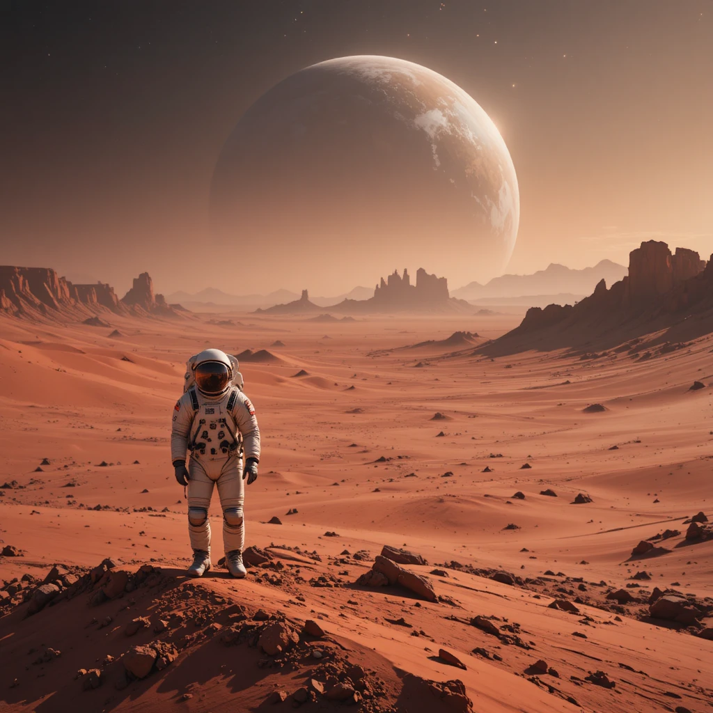遠くに地球を望む火星の孤独な宇宙飛行士